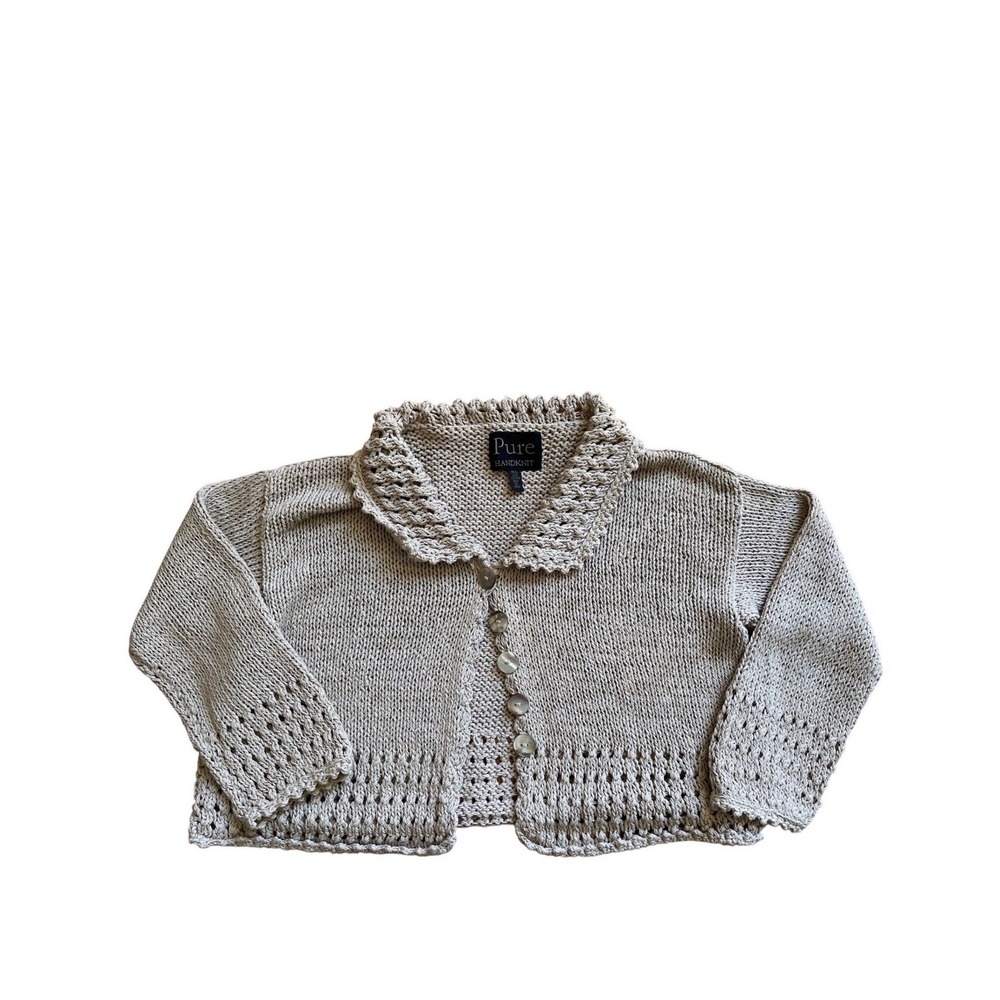 Pure Handknit Cotton Cardigan Sweater Scalloped Collar M/L Lagenlook Cottagecore